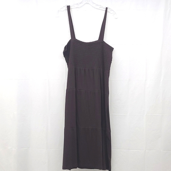 Nap House Dress Shirred Bodice Long Calf Length Dark Brown Shift Style Milkmaid - Picture 8 of 8